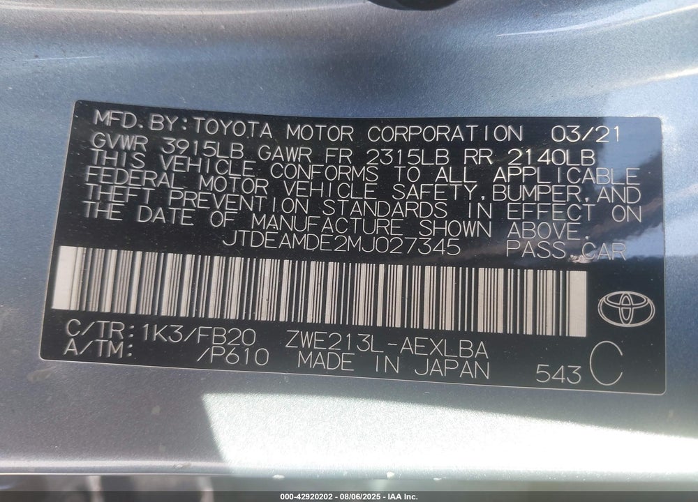 2021 TOYOTA COROLLA HYBRID LE VIN: JTDEAMDE2MJ027345