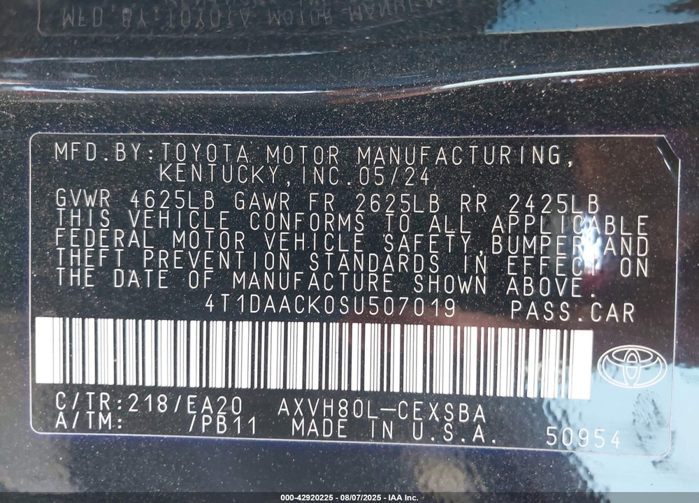 2025 TOYOTA CAMRY VIN: 4T1DAACK0SU507019