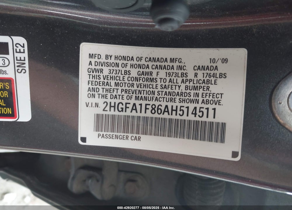 2010 HONDA CIVIC VIN: 2HGFA1F86AH514511