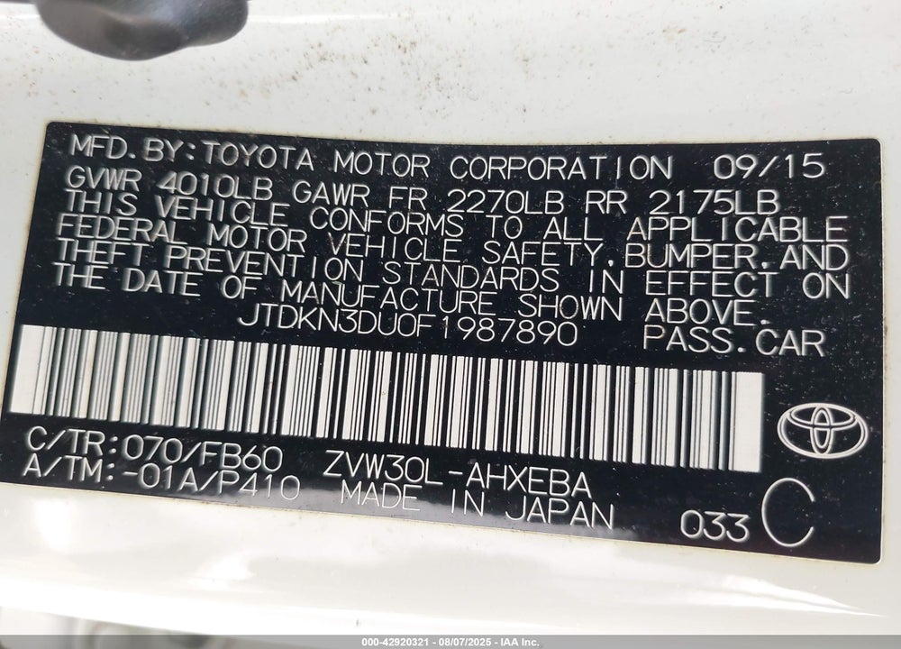2015 TOYOTA PRIUS TWO VIN: JTDKN3DU0F1987890