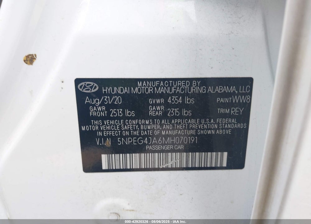 2021 HYUNDAI SONATA VIN: 5NPEG4JA6MH070191