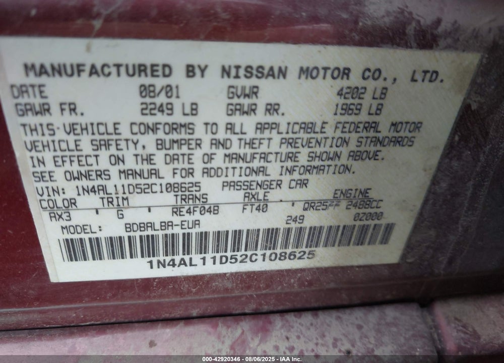 2002 NISSAN ALTIMA 2.5 S VIN: 1N4AL11D52C108625