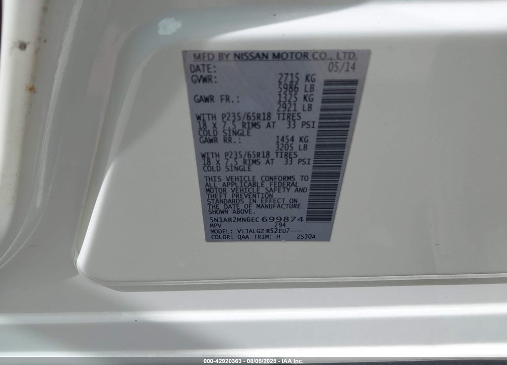 2014 NISSAN PATHFINDER SL VIN: 5N1AR2MN6EC699874