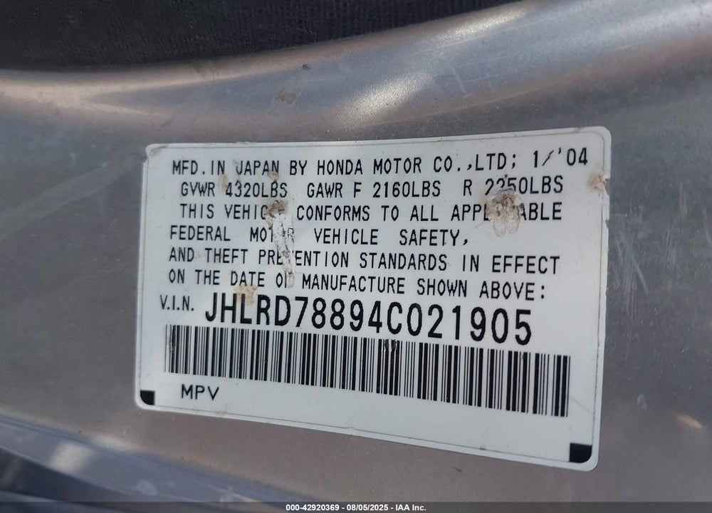 2004 HONDA CR-V EX VIN: JHLRD78894C021905