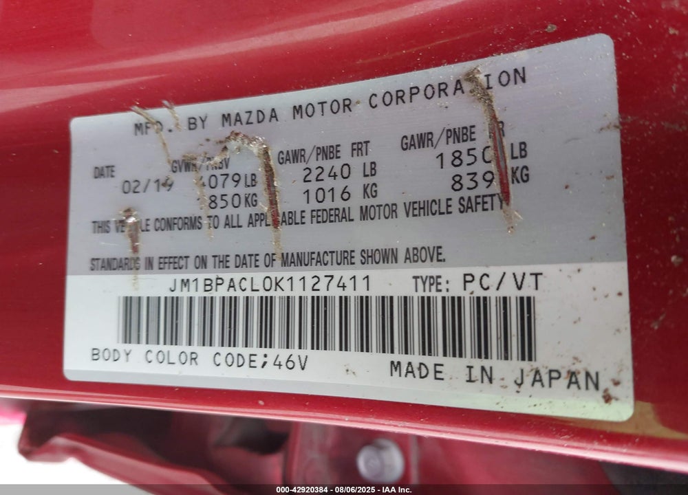 2019 MAZDA 3 VIN: JM1BPACL0K1127411
