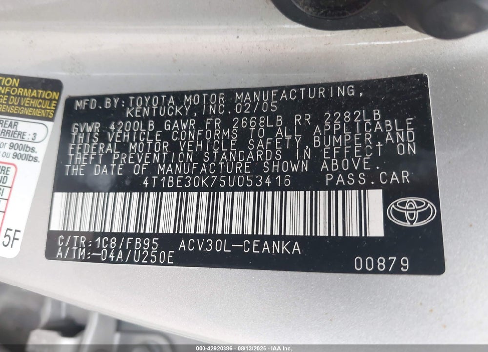 2005 TOYOTA CAMRY LE VIN: 4T1BE30K75U053416