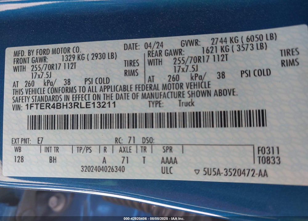 2024 FORD RANGER VIN: 1FTER4BH3RLE13211