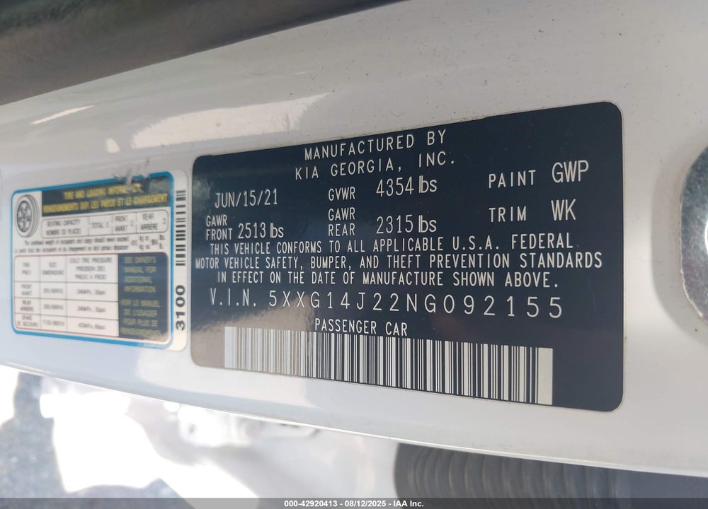 2022 KIA K5 VIN: 5XXG14J22NG092155