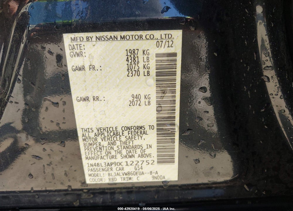 2013 NISSAN ALTIMA VIN: 1N4BL3AP9DC122752