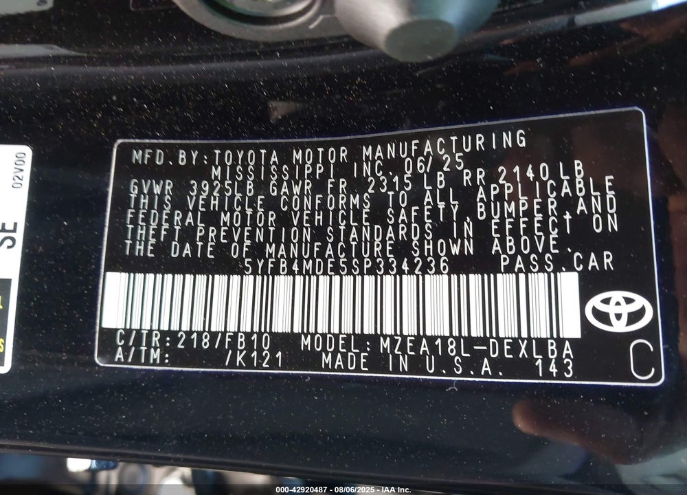 2025 TOYOTA COROLLA VIN: 5YFB4MDE5SP334236