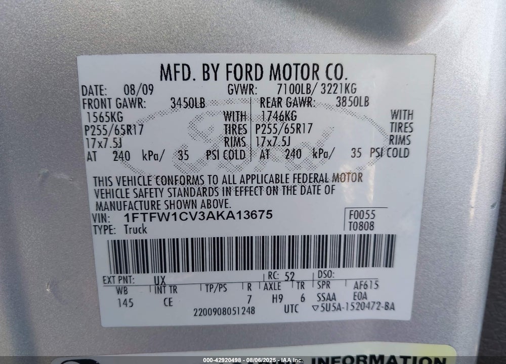 2010 FORD F-150 VIN: 1FTFW1CV3AKA13675