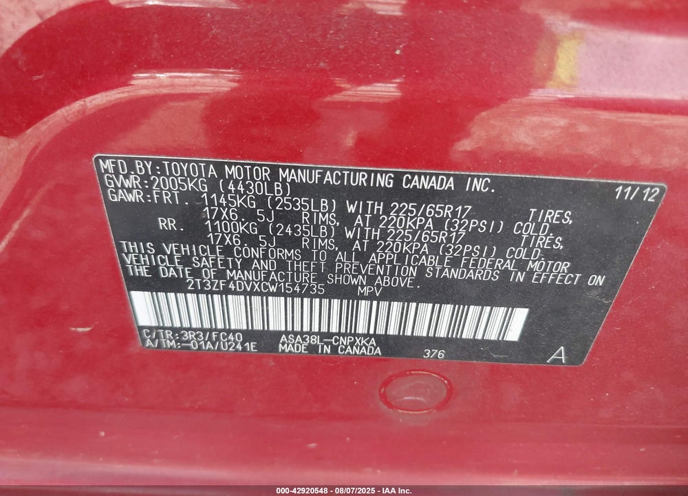 2012 TOYOTA RAV4 VIN: 2T3ZF4DVXCW154735