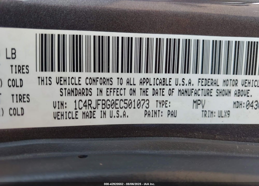 2014 JEEP GRAND CHEROKEE VIN: 1C4RJFBG0EC501073