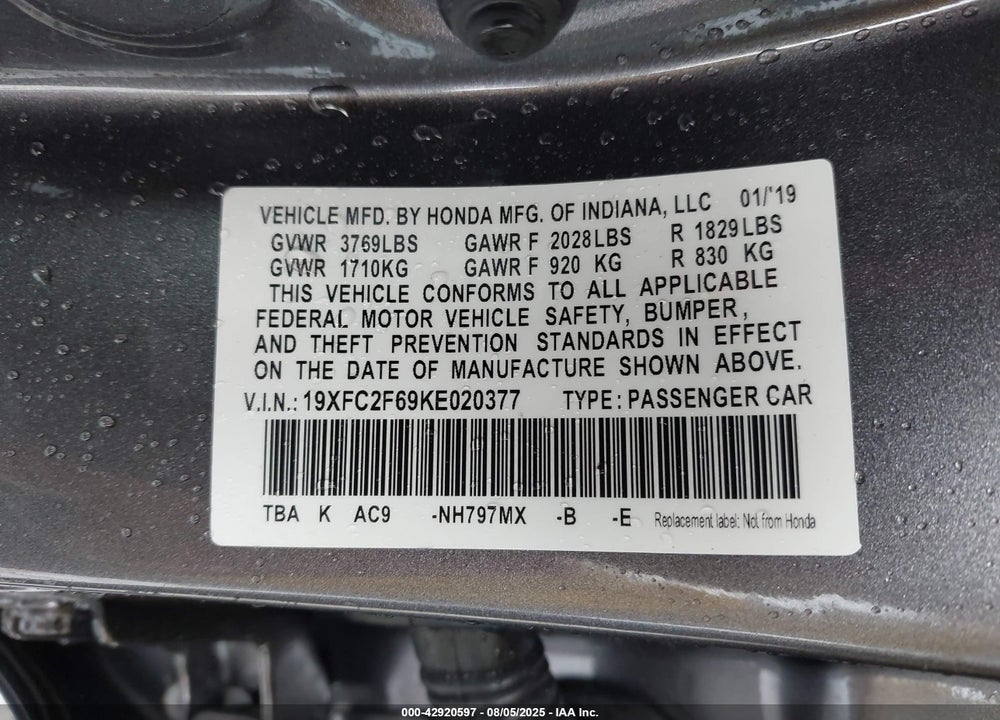 2019 HONDA CIVIC VIN: 19XFC2F69KE020377