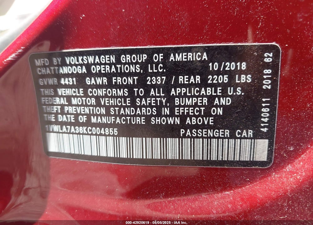 2019 VOLKSWAGEN PASSAT 2.0T WOLFSBURG EDITION VIN: 1VWLA7A36KC004855