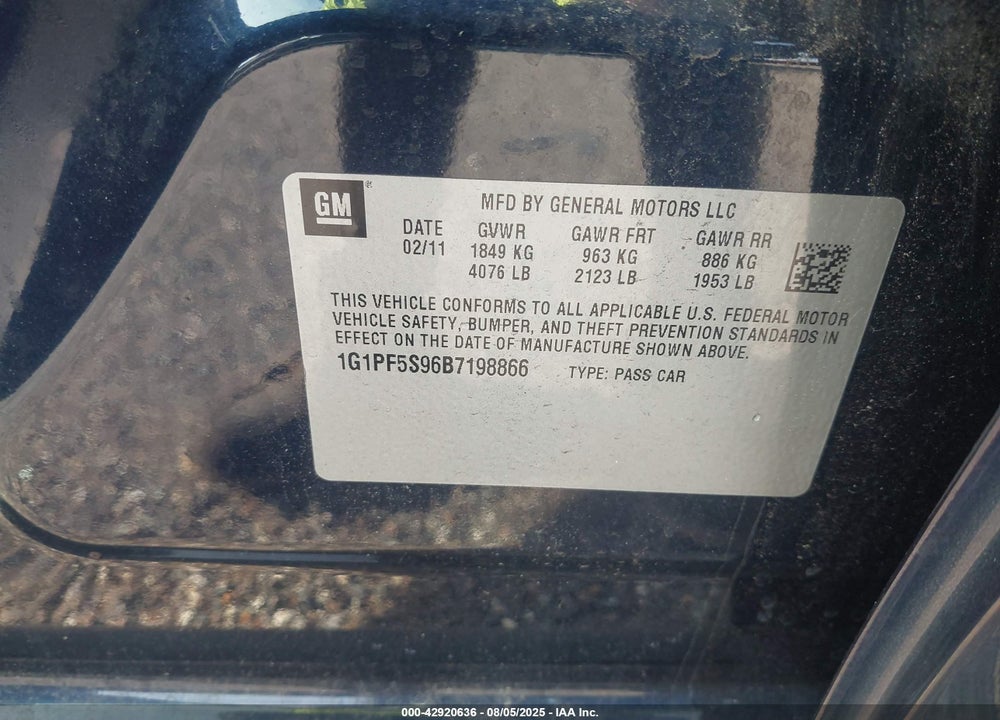 2011 CHEVROLET CRUZE VIN: 1G1PF5S96B7198866