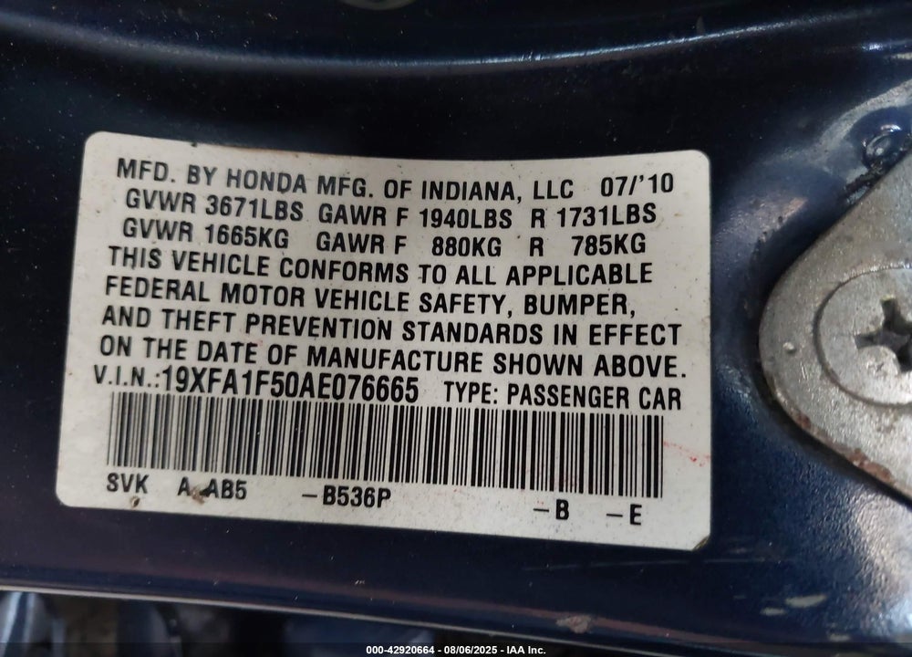 2010 HONDA CIVIC VIN: 19XFA1F50AE076665