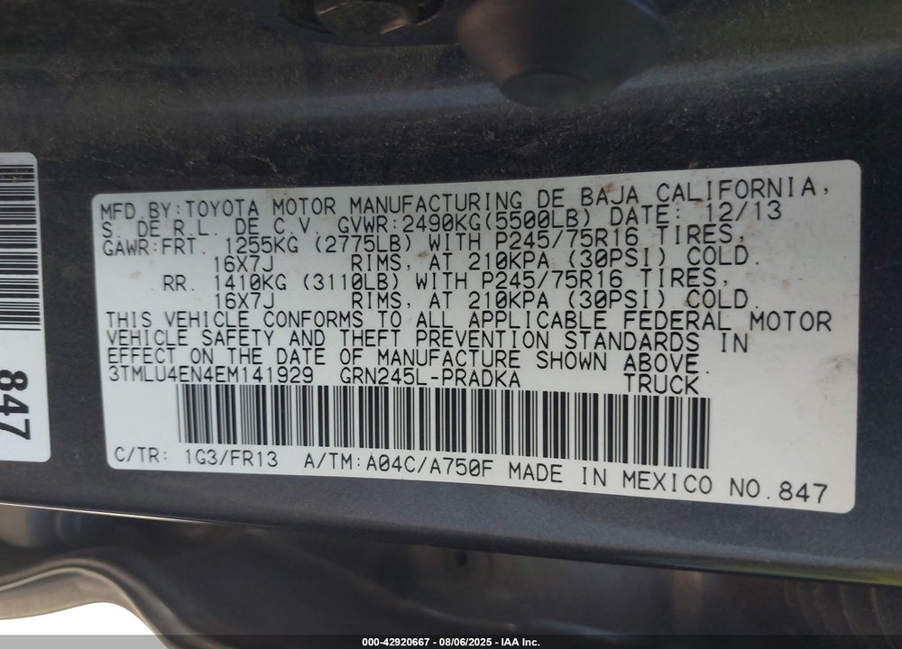 2014 TOYOTA TACOMA DOUBLE CAB VIN: 3TMLU4EN4EM141929