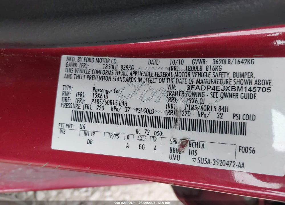 2011 FORD FIESTA SE VIN: 3FADP4EJXBM145705