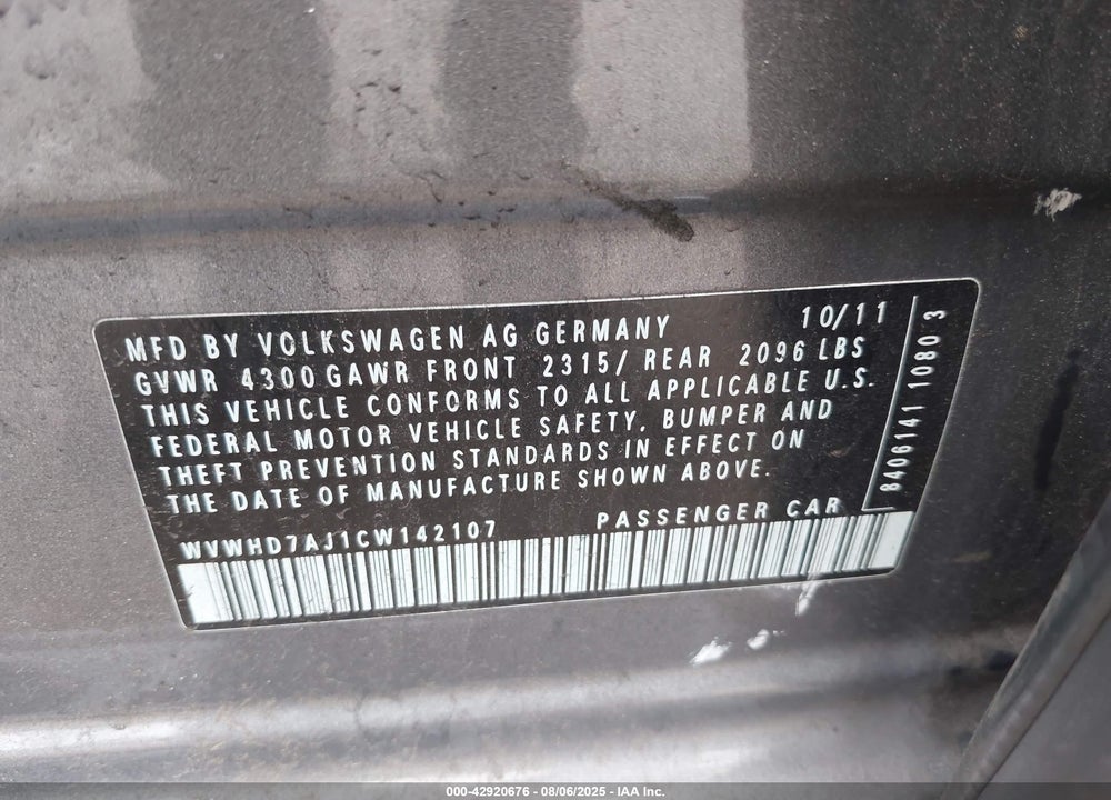 2012 VOLKSWAGEN GTI VIN: WVWHD7AJ1CW142107