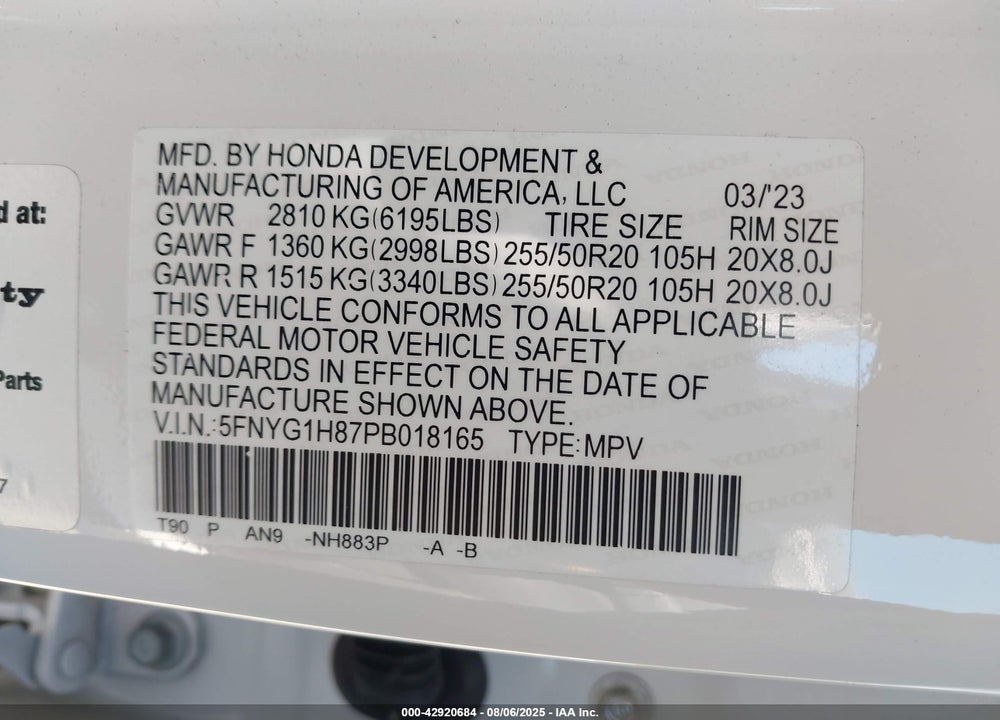 2023 HONDA PILOT VIN: 5FNYG1H87PB018165