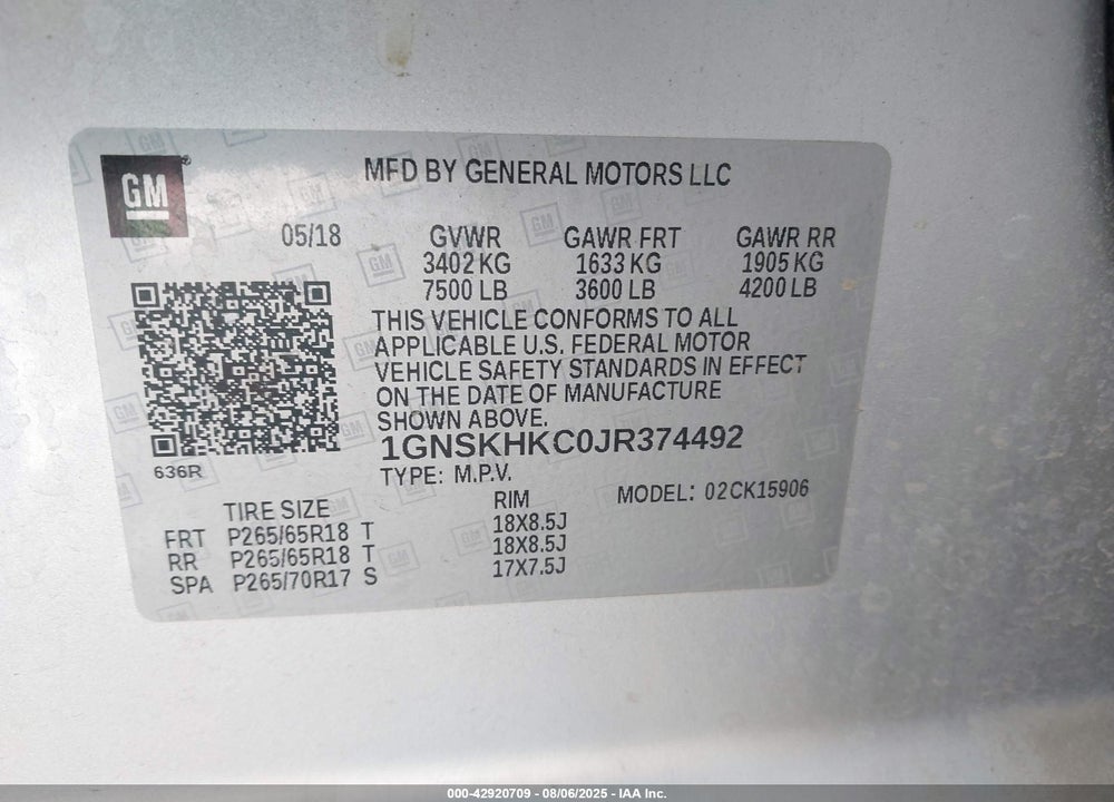 2018 CHEVROLET SUBURBAN LT VIN: 1GNSKHKC0JR374492