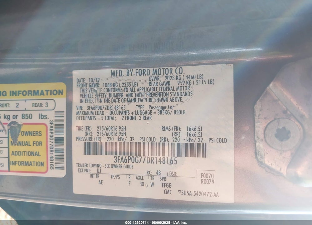 2013 FORD FUSION S VIN: 3FA6P0G77DR148165