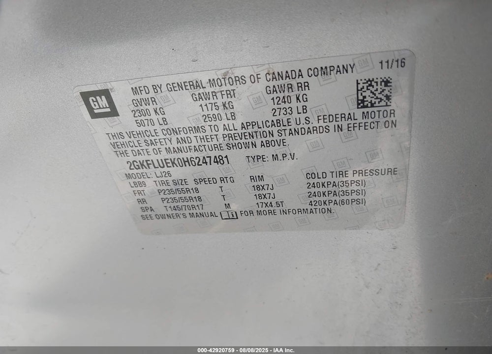 2017 GMC TERRAIN VIN: 2GKFLUEK0H6247481