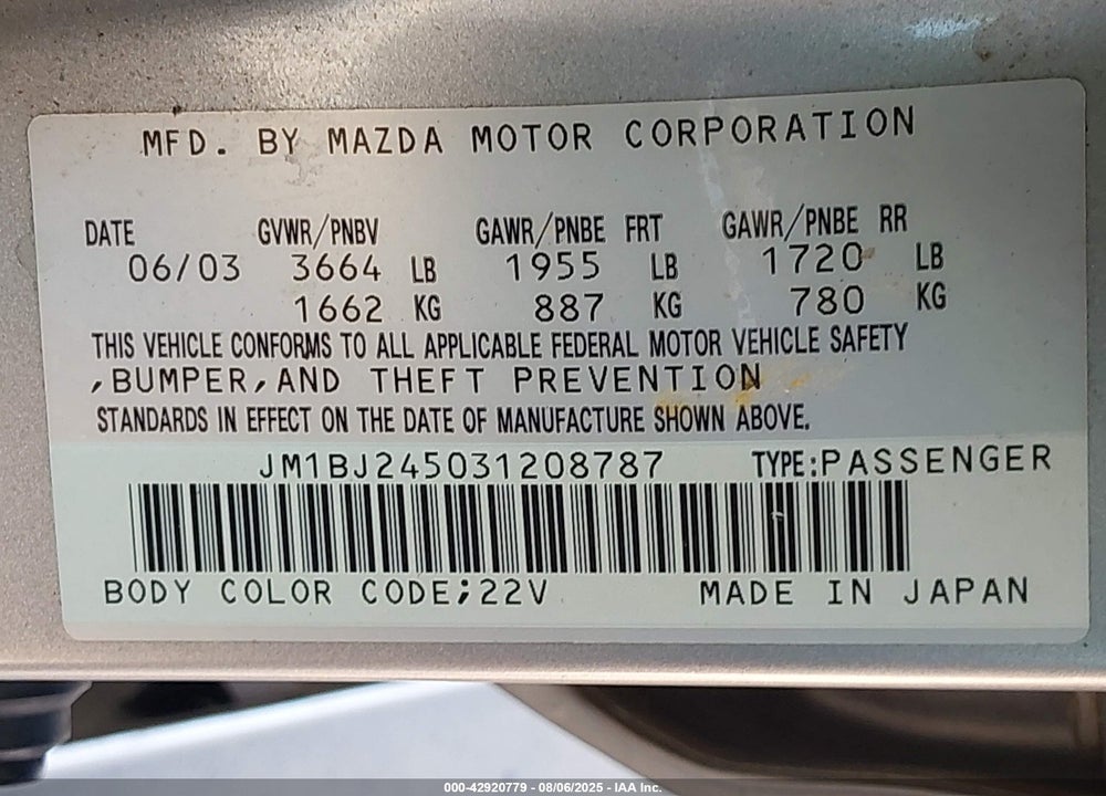 2003 MAZDA PROTEGE5 BASE (M5) VIN: JM1BJ245031208787