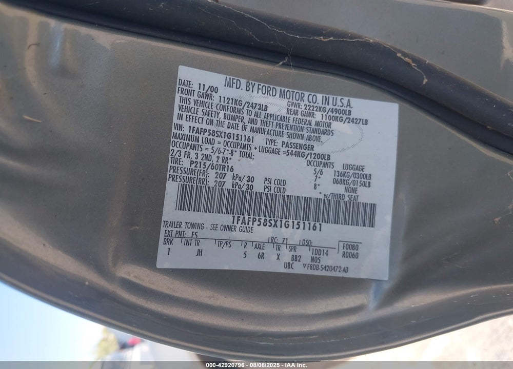 2001 FORD TAURUS SE VIN: 1FAFP58SX1G151161
