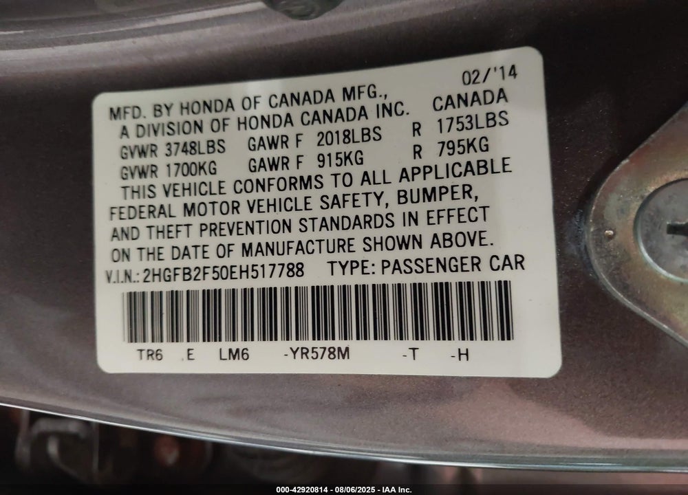 2014 HONDA CIVIC VIN: 2HGFB2F50EH517788