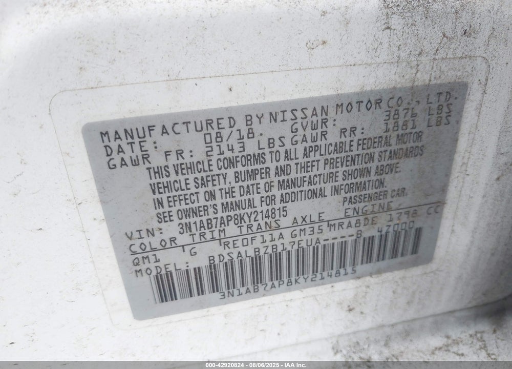 2019 NISSAN SENTRA VIN: 3N1AB7AP8KY214815