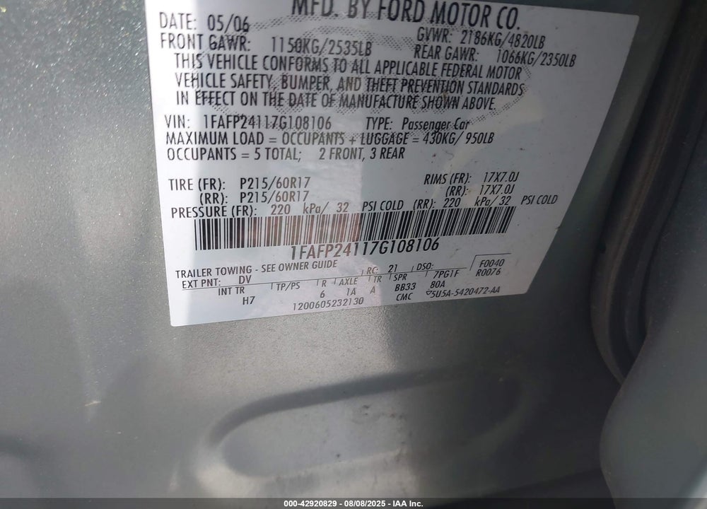 2007 FORD FIVE HUNDRED VIN: 1FAFP24117G108106
