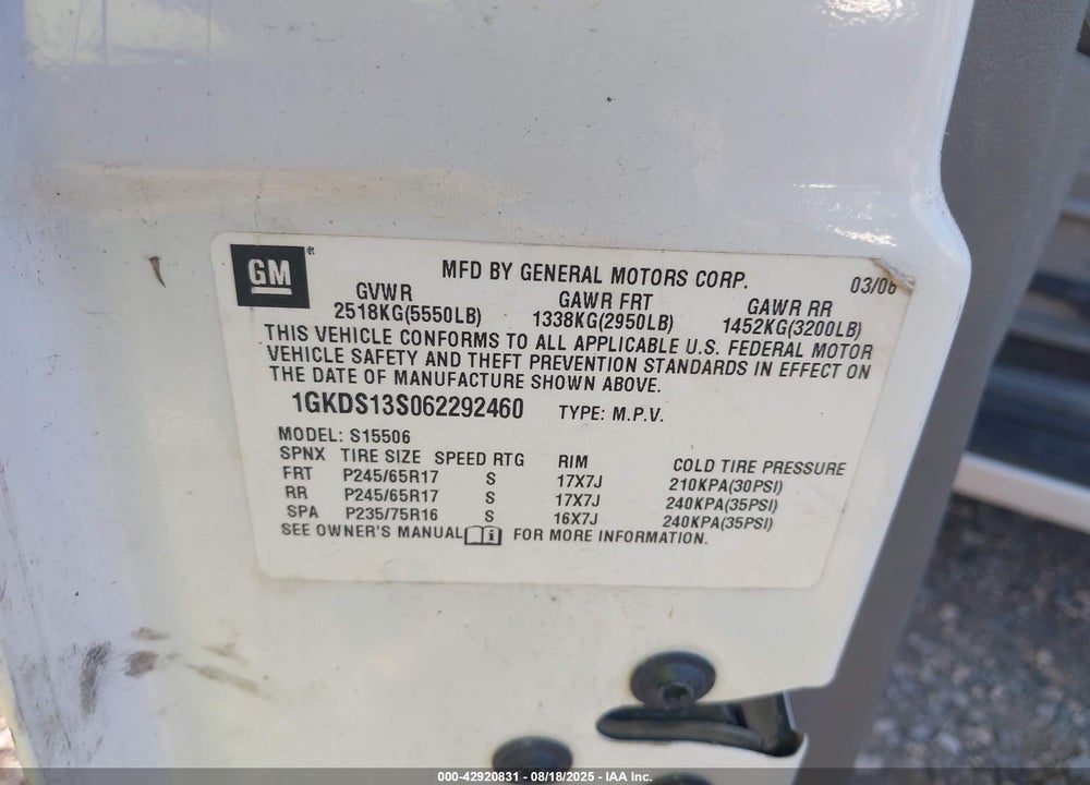2006 GMC ENVOY SLE VIN: 1GKDS13S062292460