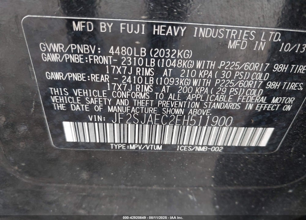 2014 SUBARU FORESTER VIN: JF2SJAEC2EH511900