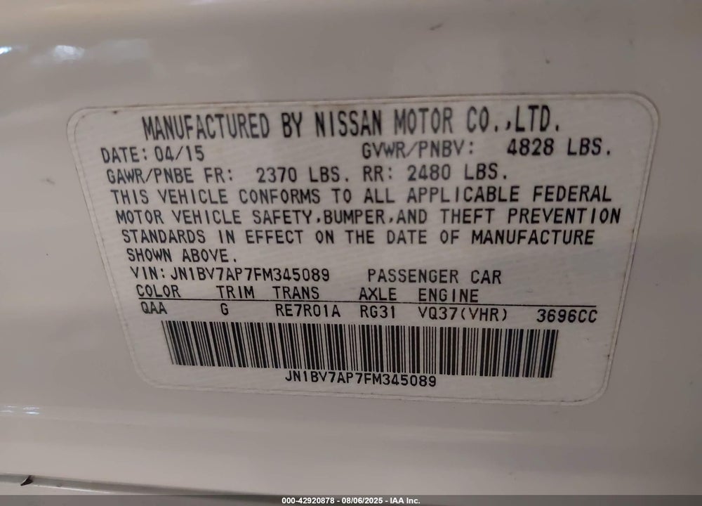 2015 INFINITI Q50 PREMIUM VIN: JN1BV7AP7FM345089