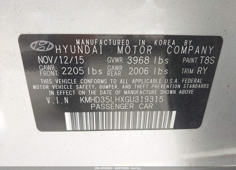 2016 HYUNDAI ELANTRA VIN: KMHD35LHXGU319315