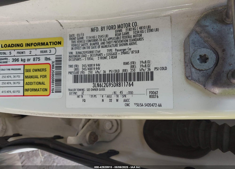 2013 LINCOLN MKZ VIN: 3LN6L2G95DR811764