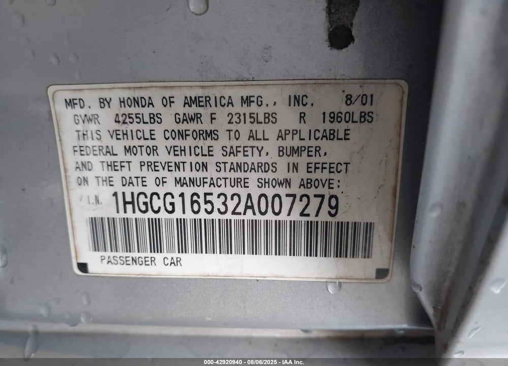 2002 HONDA ACCORD 3.0 EX VIN: 1HGCG16532A007279