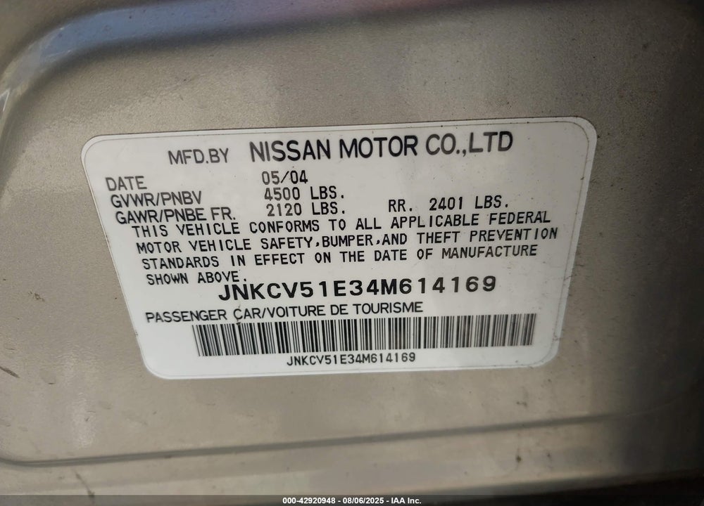 2004 INFINITI G35 VIN: JNKCV51E34M614169