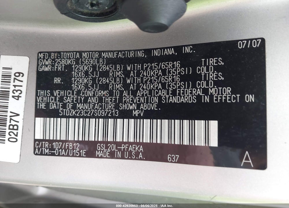 2007 TOYOTA SIENNA CE VIN: 5TDZK23C27S097213