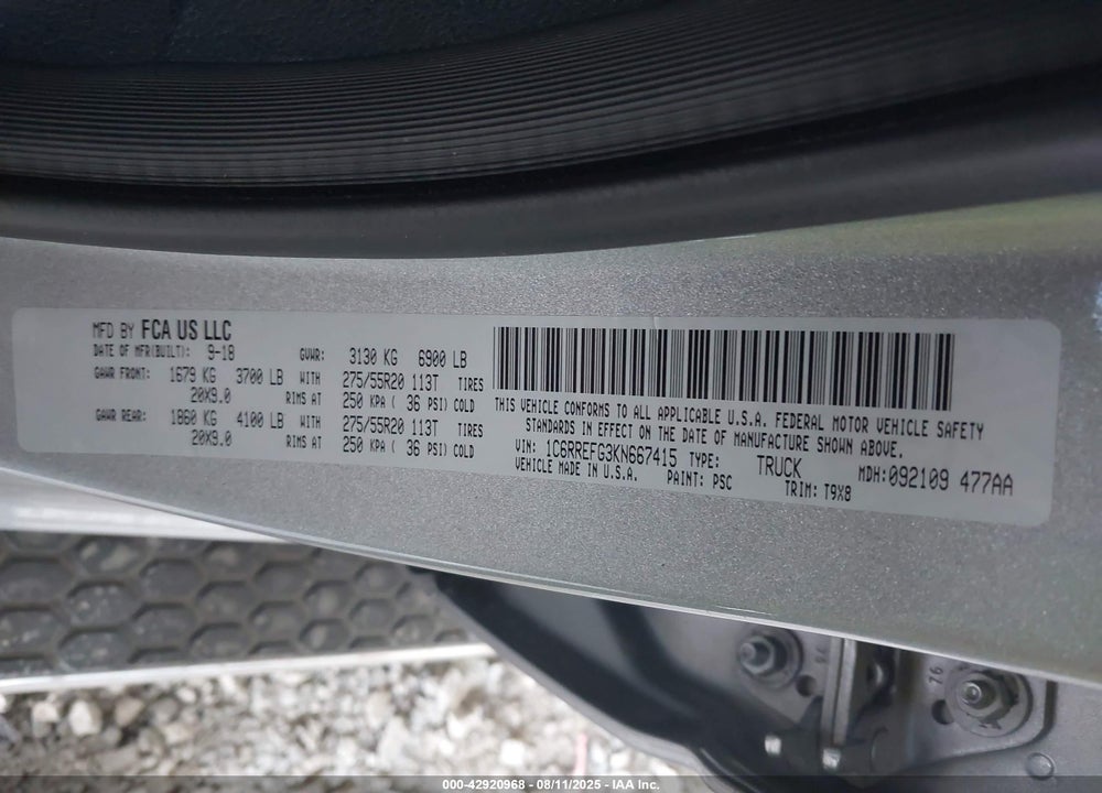 2019 RAM 1500 VIN: 1C6RREFG3KN667415