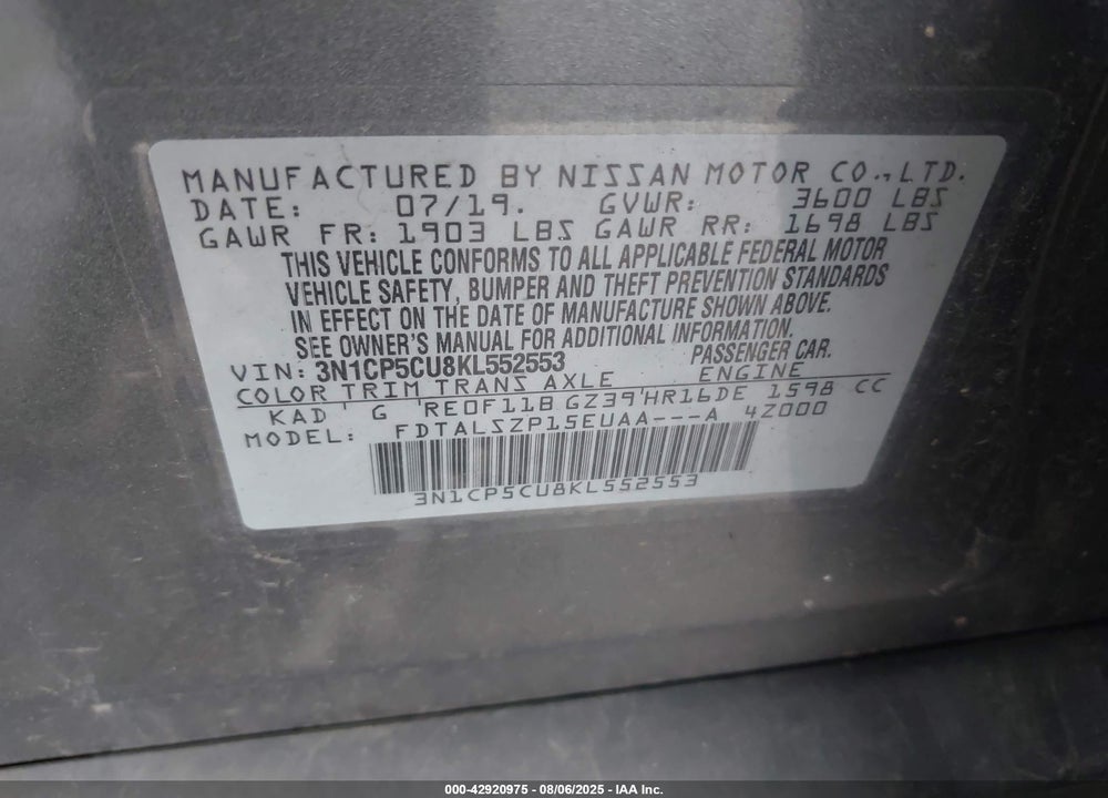 2019 NISSAN KICKS VIN: 3N1CP5CU8KL552553