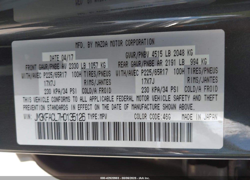 2017 MAZDA CX-5 VIN: JM3KFACL7H0135126