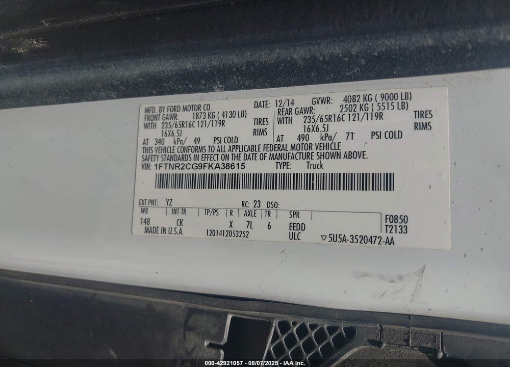 2015 FORD TRANSIT-250 VIN: 1FTNR2CG9FKA38615