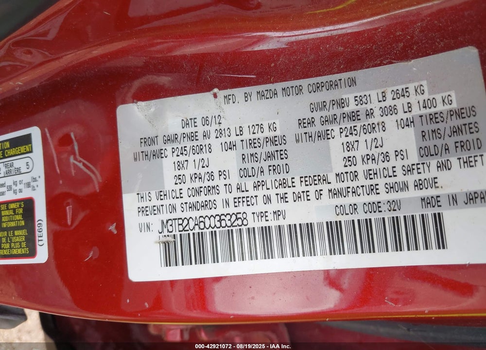 2012 MAZDA CX-9 VIN: JM3TB2CA6C0363258