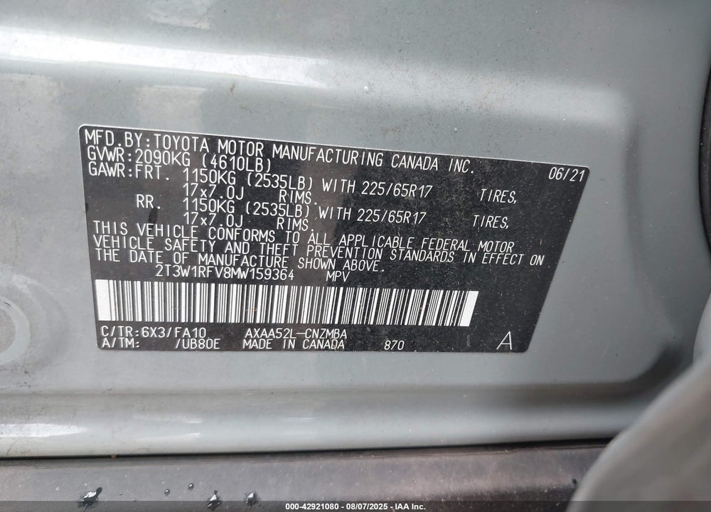 2021 TOYOTA RAV4 VIN: 2T3W1RFV8MW159364