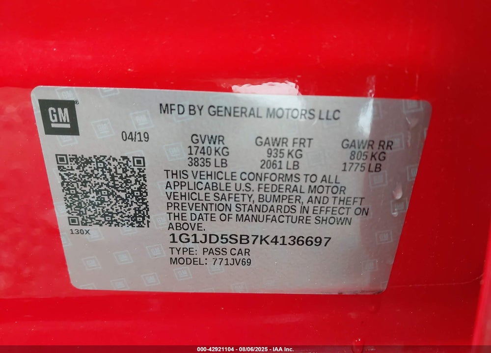 2019 CHEVROLET SONIC VIN: 1G1JD5SB7K4136697