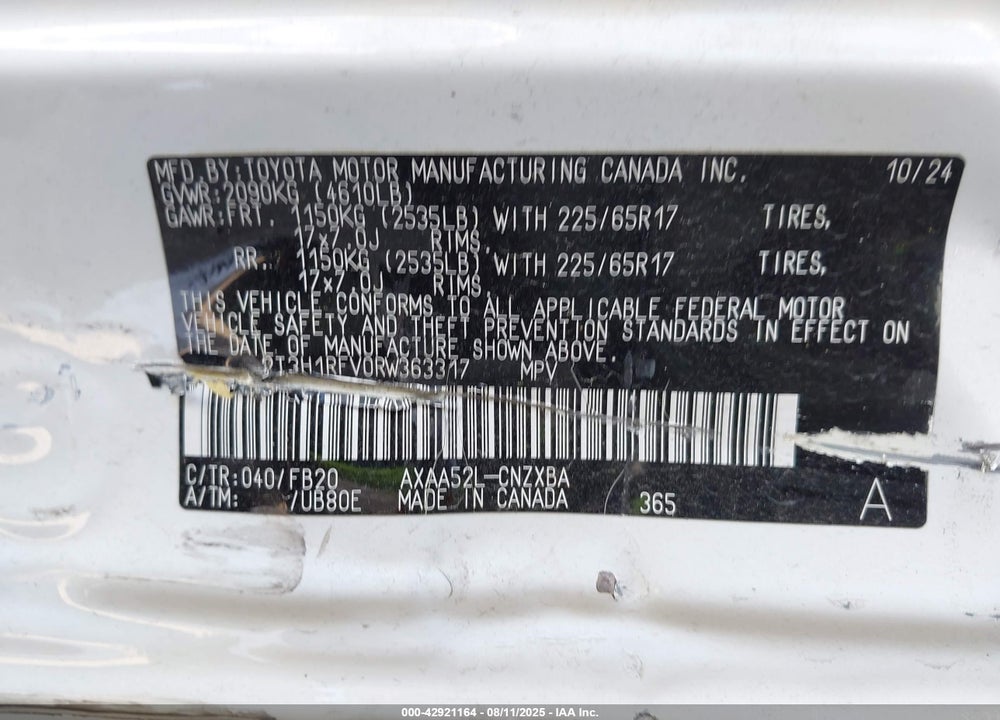2024 TOYOTA RAV4 VIN: 2T3H1RFV0RW363317