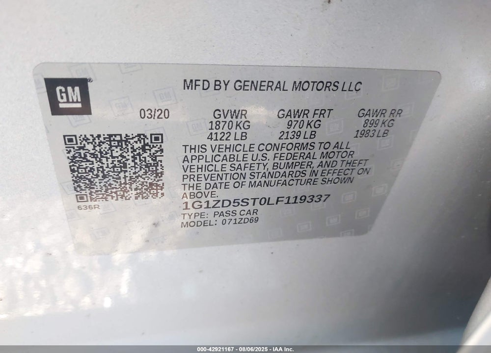 2020 CHEVROLET MALIBU VIN: 1G1ZD5ST0LF119337